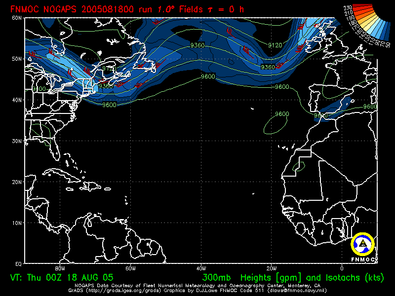 product: 300hPa Heights [m] and Isotachs [kts], area: Atlantic, tau: 000 